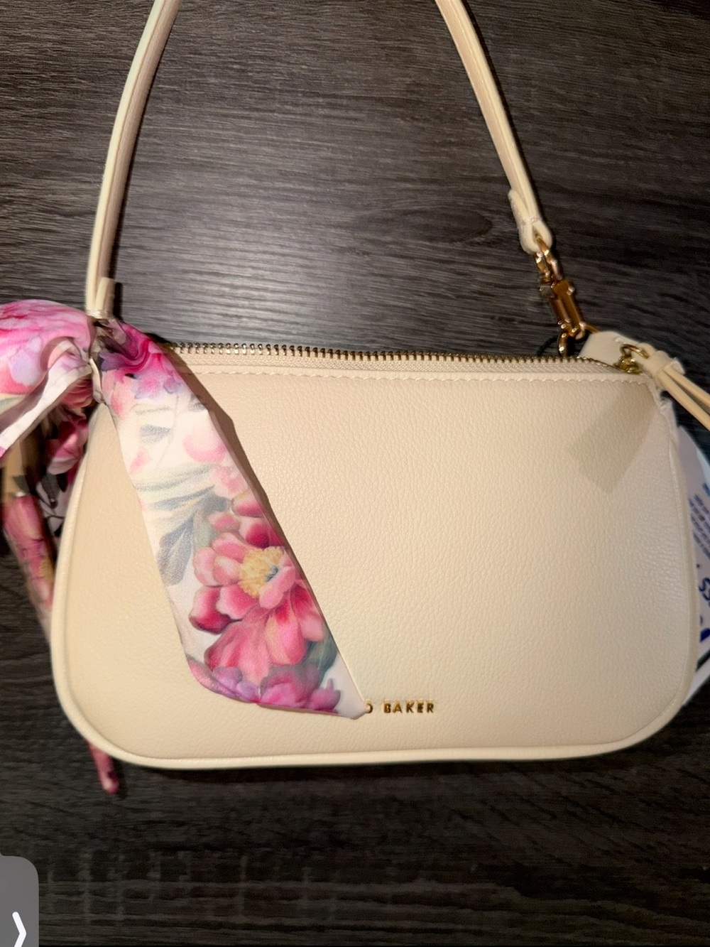 Ted Baker Beige Cream CLASSIC Leather Shoulder Bag with Pink Floral Scarf Accent